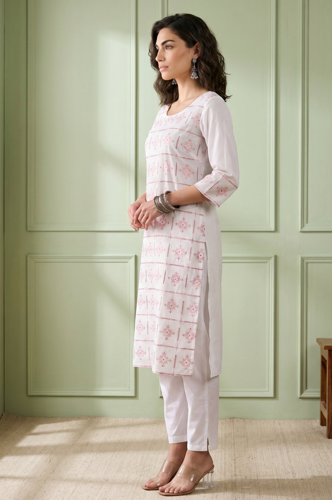 White Schiffli Embroidered Pure Cotton Straight Kurta