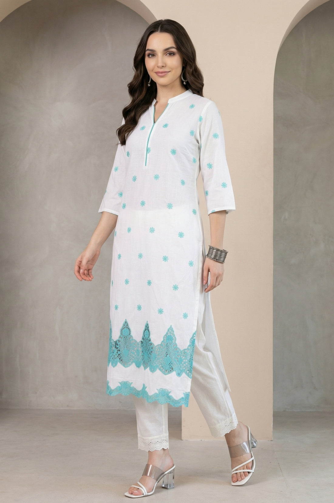 White Schiffli Embroidered Pure Cotton Straight Kurta