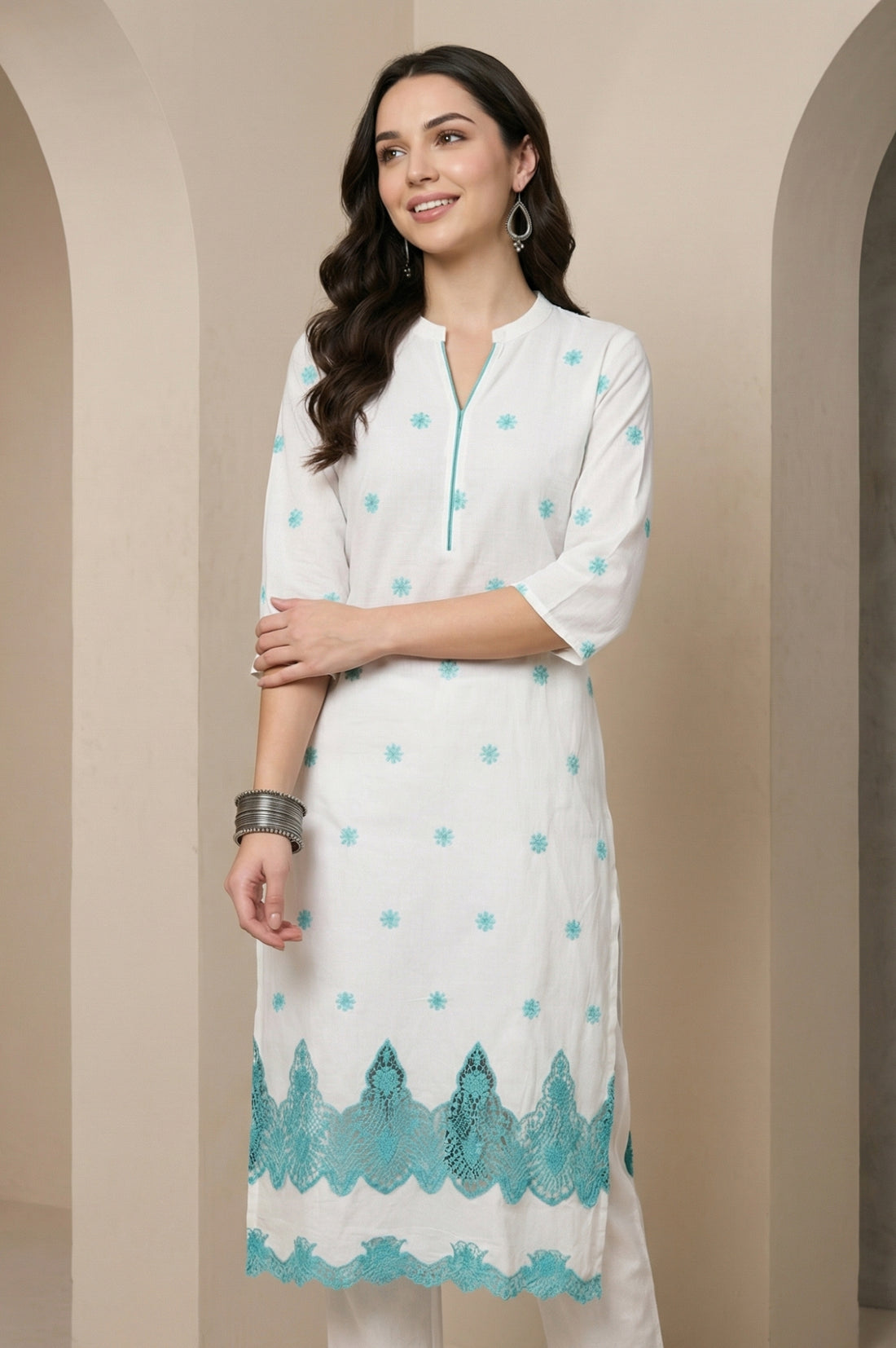 White Schiffli Embroidered Pure Cotton Straight Kurta
