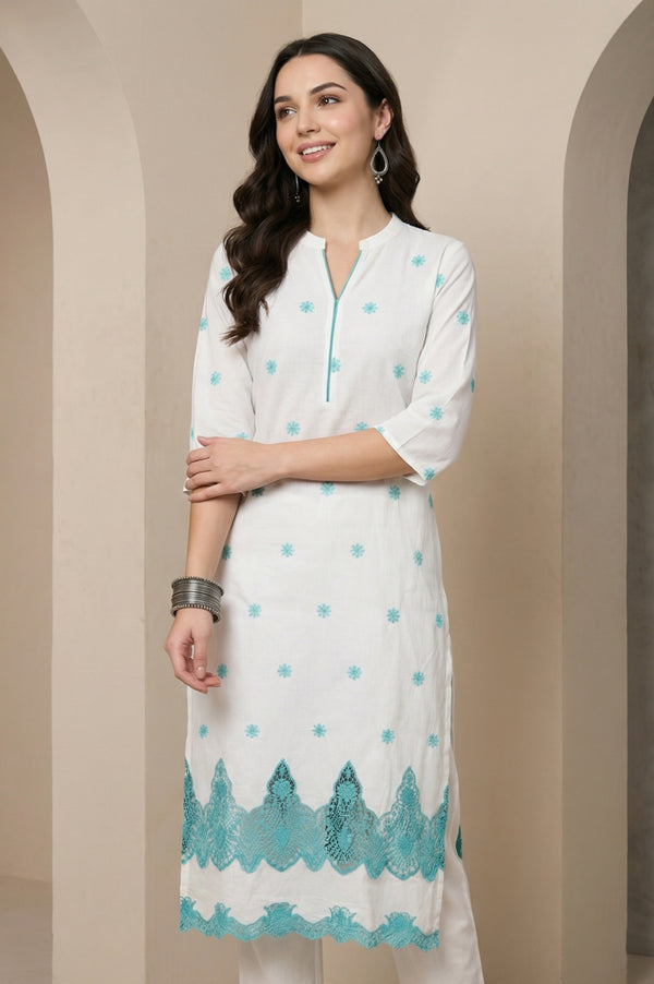 White Schiffli Embroidered Pure Cotton Straight Kurta