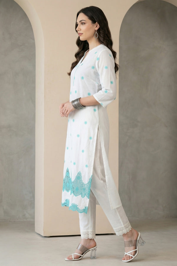 White Schiffli Embroidered Pure Cotton Straight Kurta