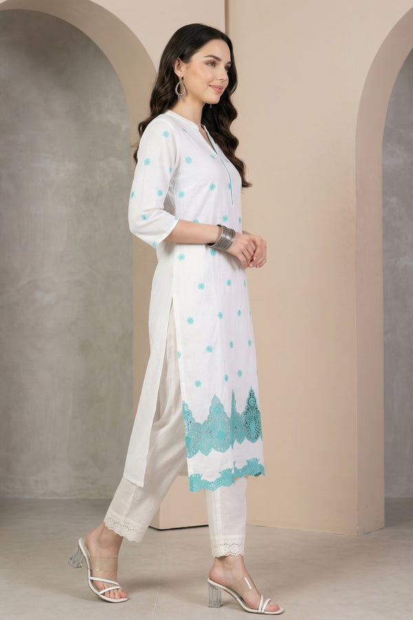 White Schiffli Embroidered Pure Cotton Straight Kurta