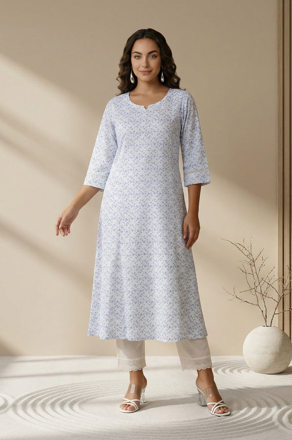 White Thread Embroidered Rayon A-line Kurta