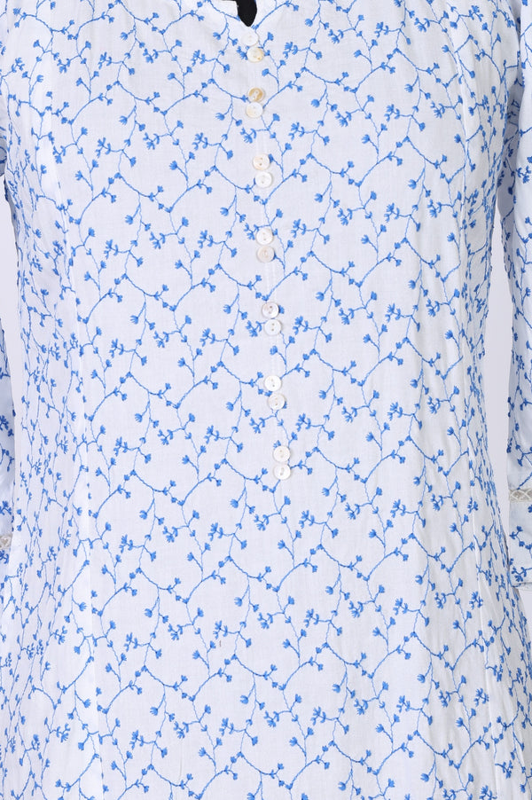 White Thread Embroidered Rayon A-line Kurta