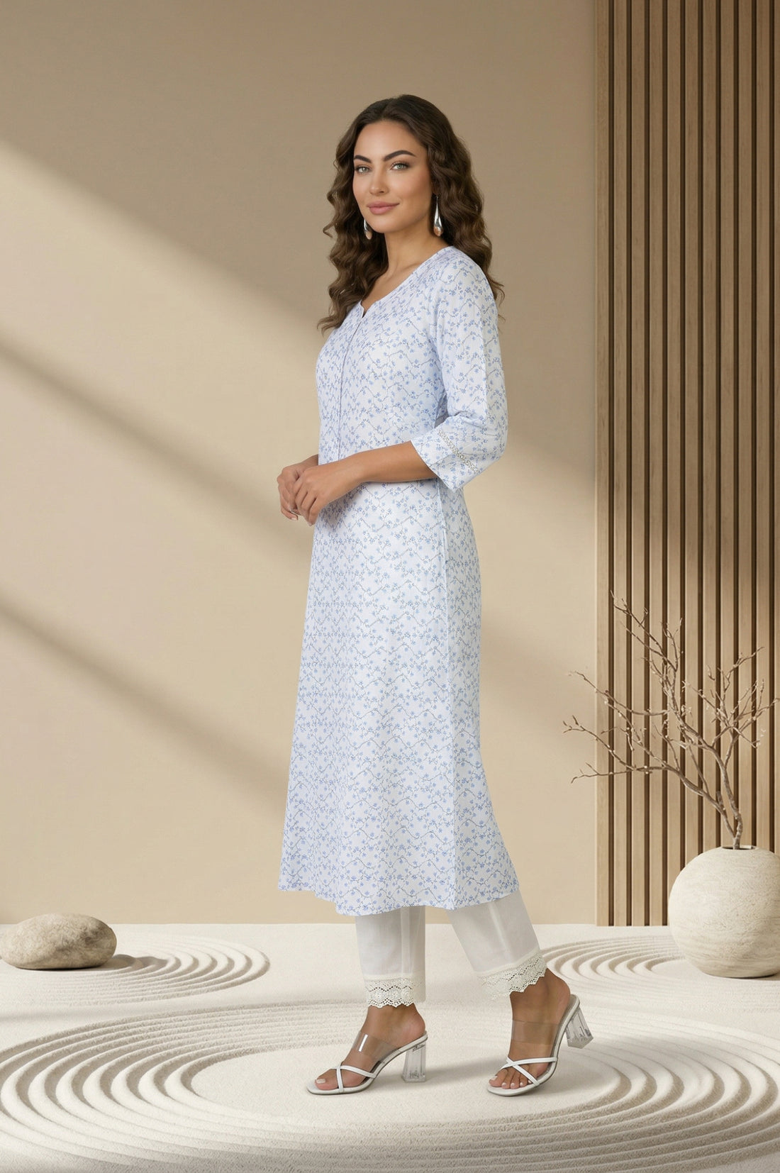 White Thread Embroidered Rayon A-line Kurta
