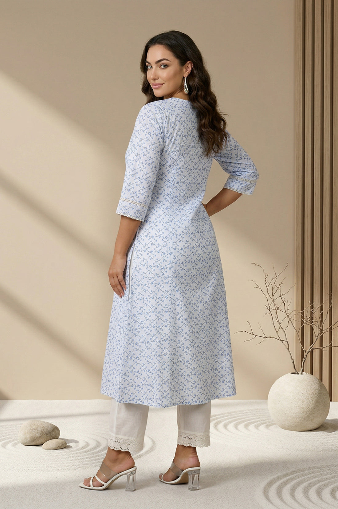 White Thread Embroidered Rayon A-line Kurta