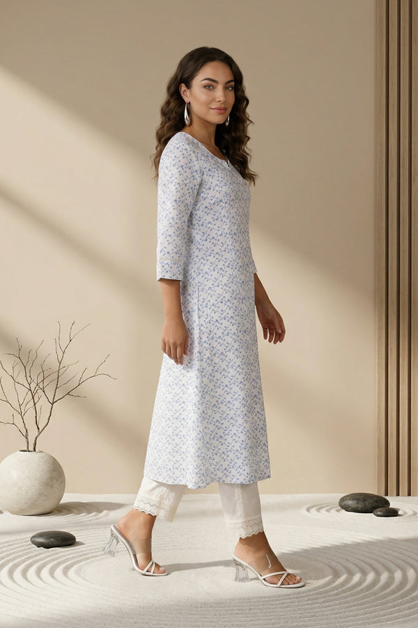 White Thread Embroidered Rayon A-line Kurta