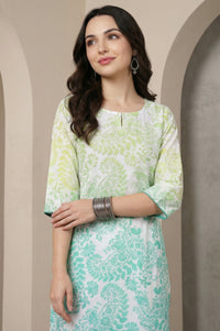 White Floral Printed Schiffli Embroidered Pure Cotton Straight Kurta