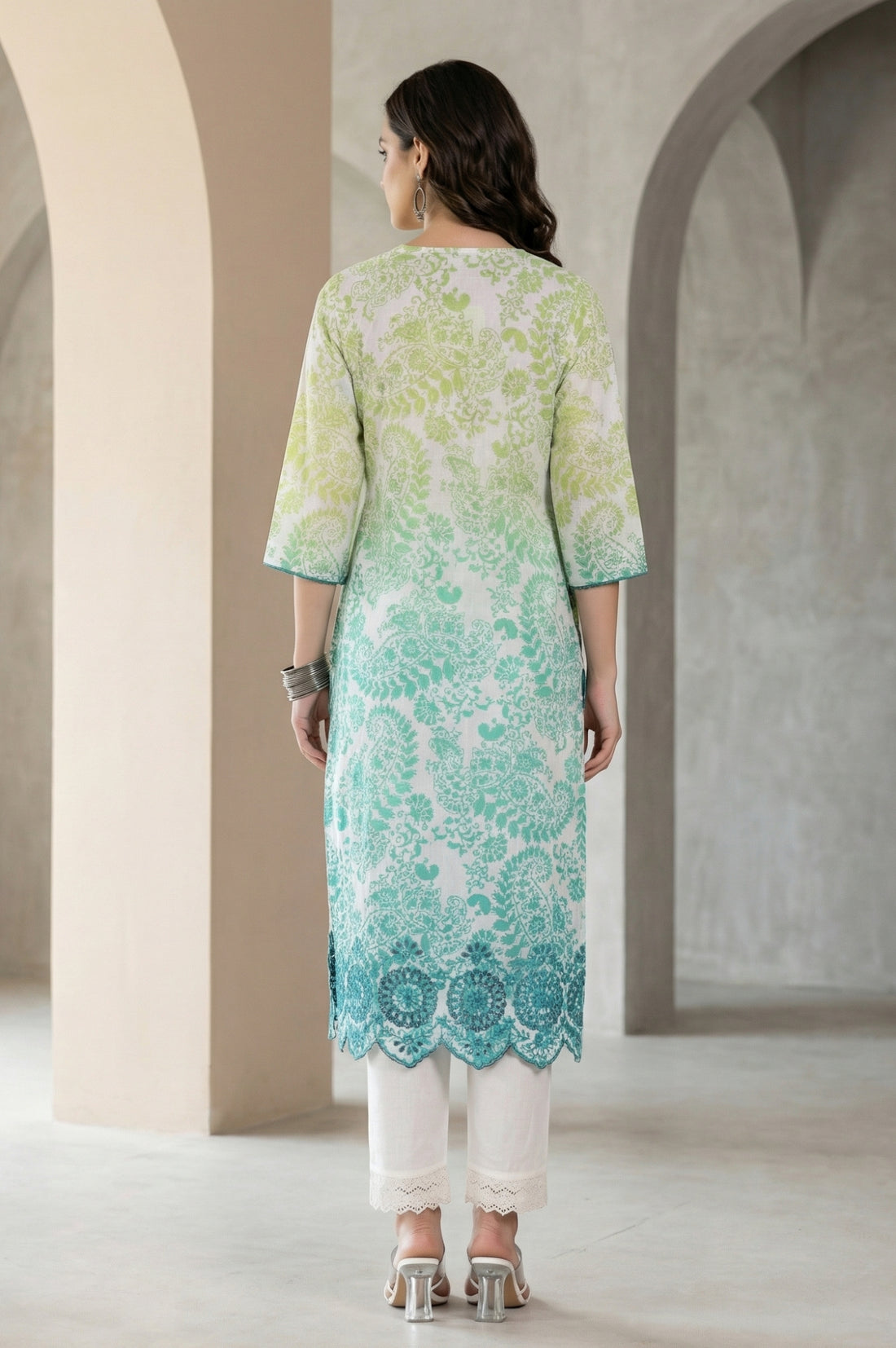 White Floral Printed Schiffli Embroidered Pure Cotton Straight Kurta