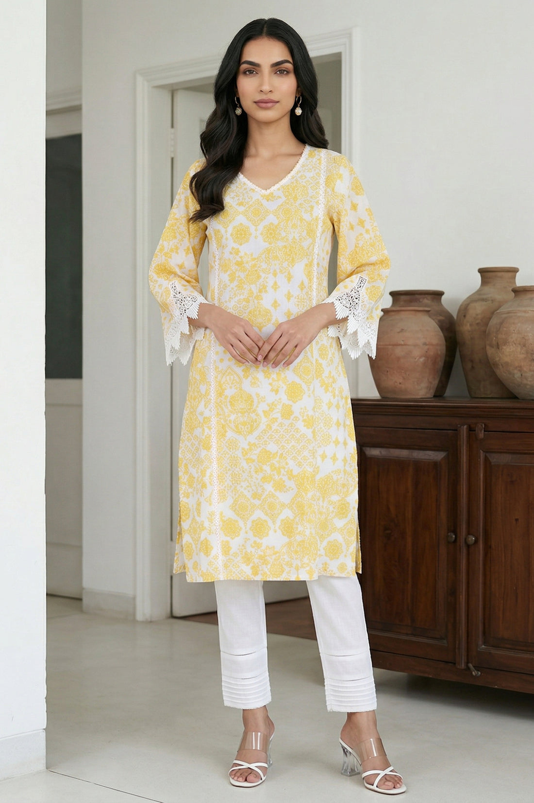 White Floral Printed Lace Pure Cotton Straight Kurta