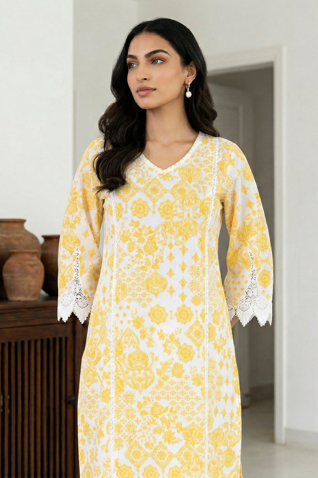 White Floral Printed Lace Pure Cotton Straight Kurta