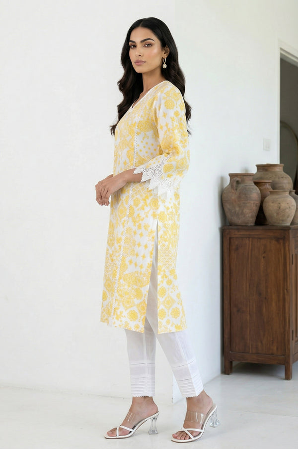 White Floral Printed Lace Pure Cotton Straight Kurta