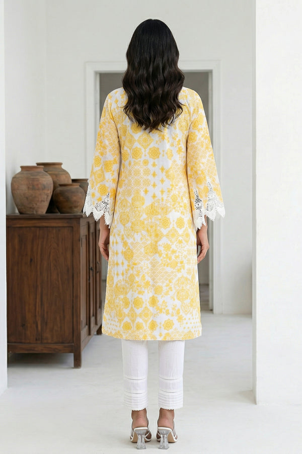 White Floral Printed Lace Pure Cotton Straight Kurta