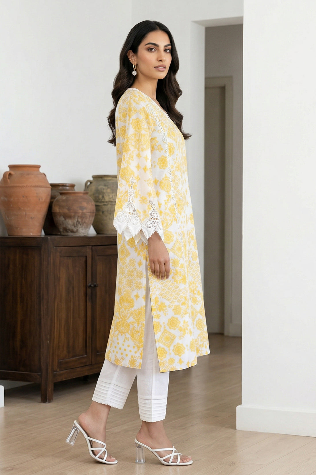 White Floral Printed Lace Pure Cotton Straight Kurta