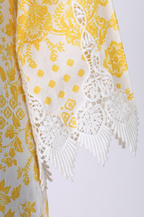 White Floral Printed Lace Pure Cotton Straight Kurta