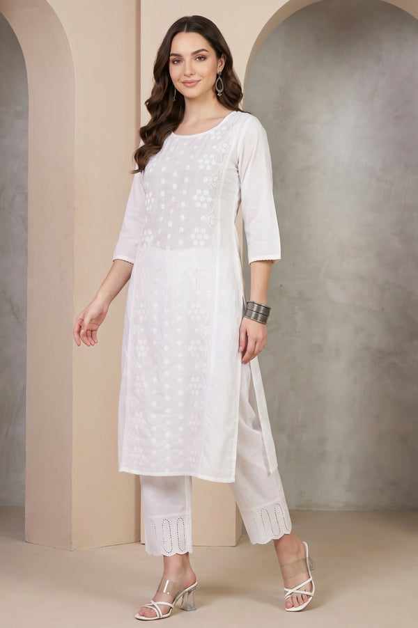 White Chikankari Embroidered Pure Cotton Straight Kurta