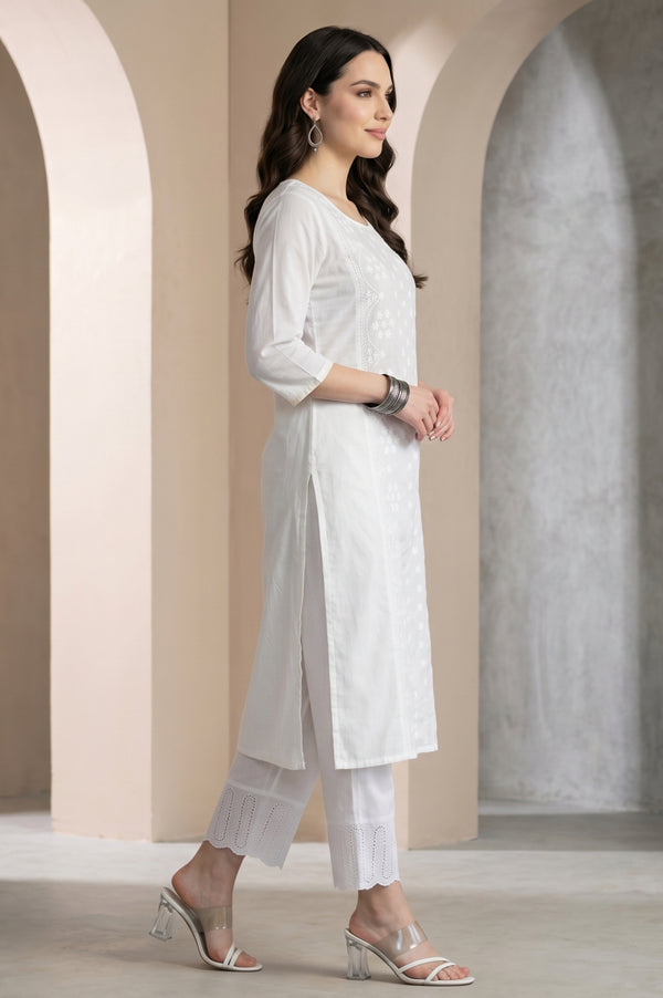 White Chikankari Embroidered Pure Cotton Straight Kurta