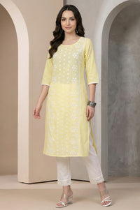 Yellow Chikankari Embroidered Pure Cotton Straight Kurta