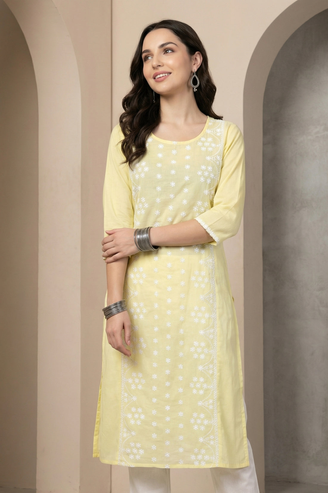 Yellow Chikankari Embroidered Pure Cotton Straight Kurta