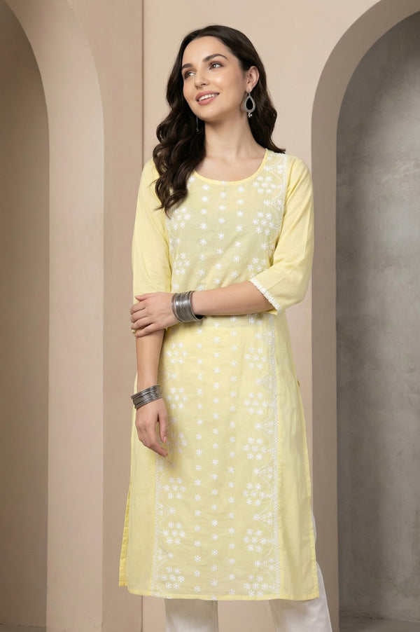 Yellow Chikankari Embroidered Pure Cotton Straight Kurta