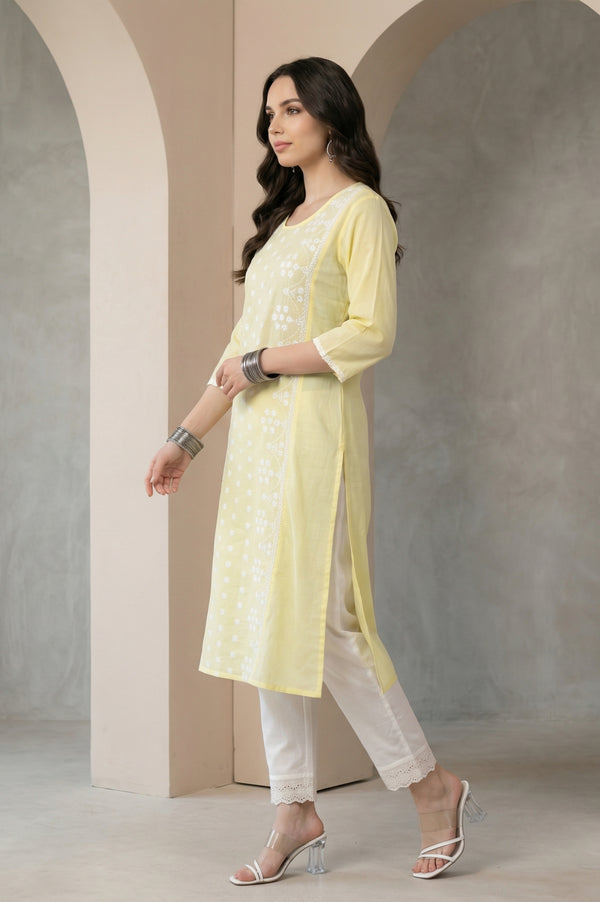 Yellow Chikankari Embroidered Pure Cotton Straight Kurta