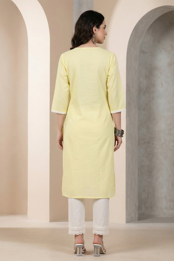 Yellow Chikankari Embroidered Pure Cotton Straight Kurta