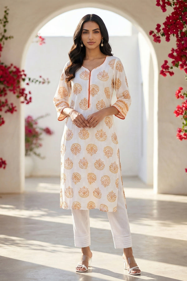 White Ethnic Motifs Rayon Straight Kurta