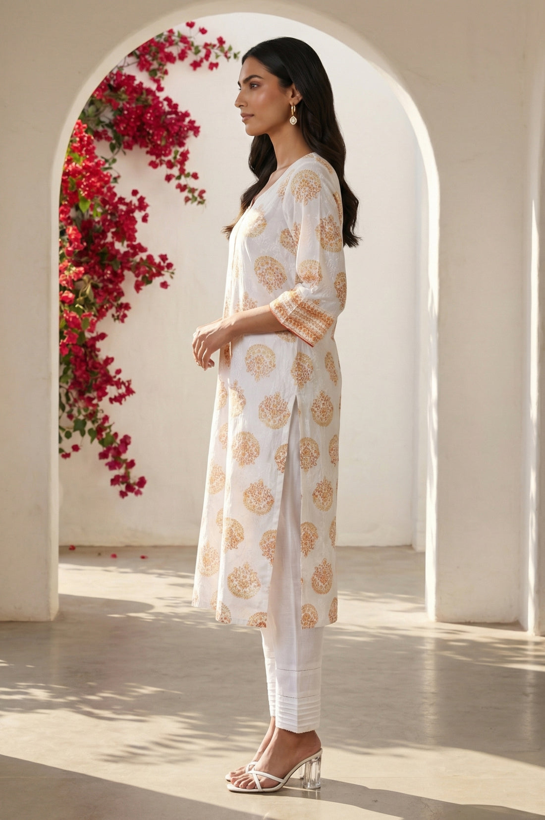 White Ethnic Motifs Rayon Straight Kurta