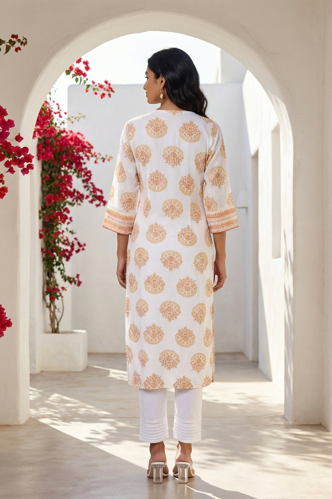 White Ethnic Motifs Rayon Straight Kurta