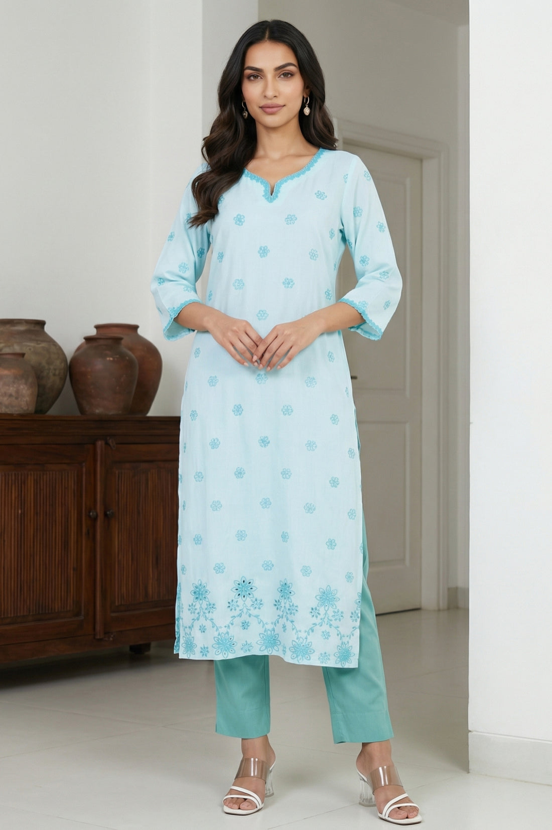 Light Blue Thread Embroidered Rayon Straight Kurta
