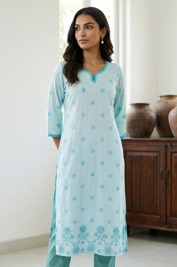 Light Blue Thread Embroidered Rayon Straight Kurta