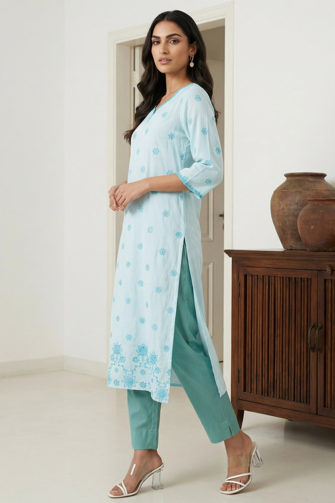 Light Blue Thread Embroidered Rayon Straight Kurta