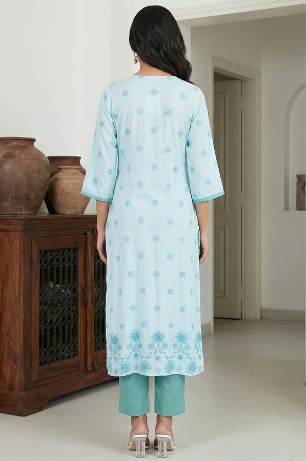 Light Blue Thread Embroidered Rayon Straight Kurta
