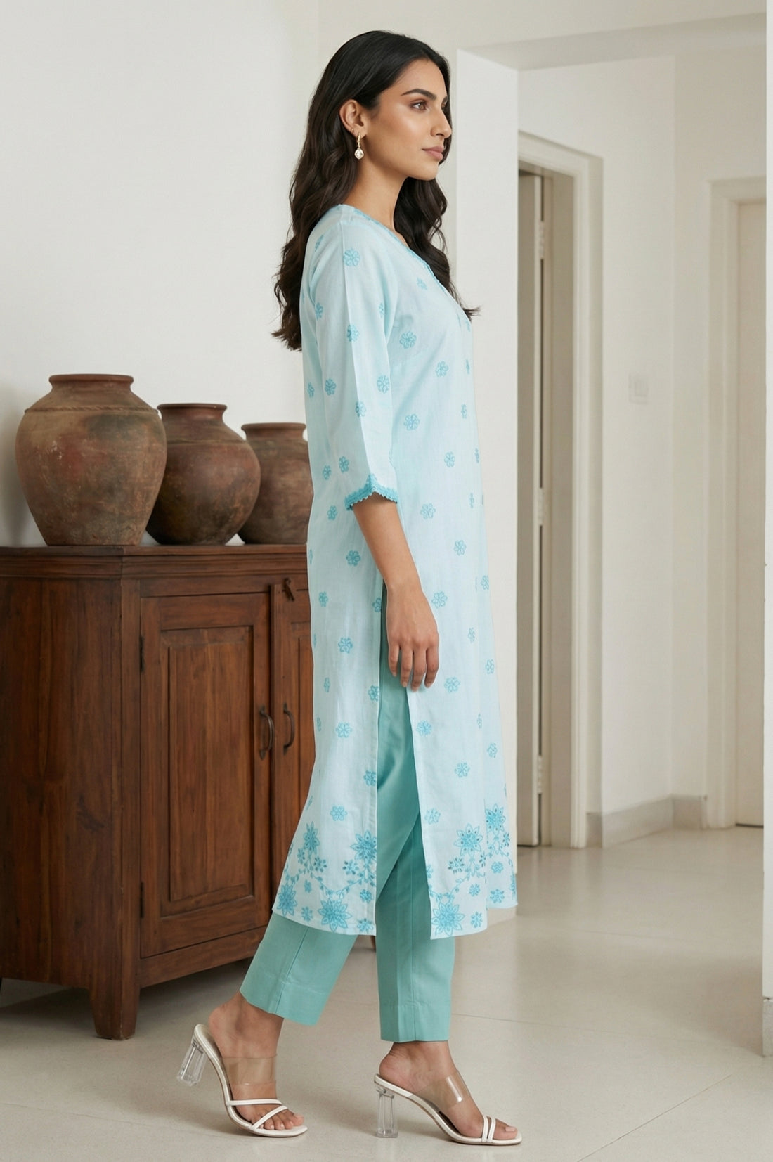 Light Blue Thread Embroidered Rayon Straight Kurta