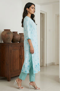 Light Blue Thread Embroidered Rayon Straight Kurta