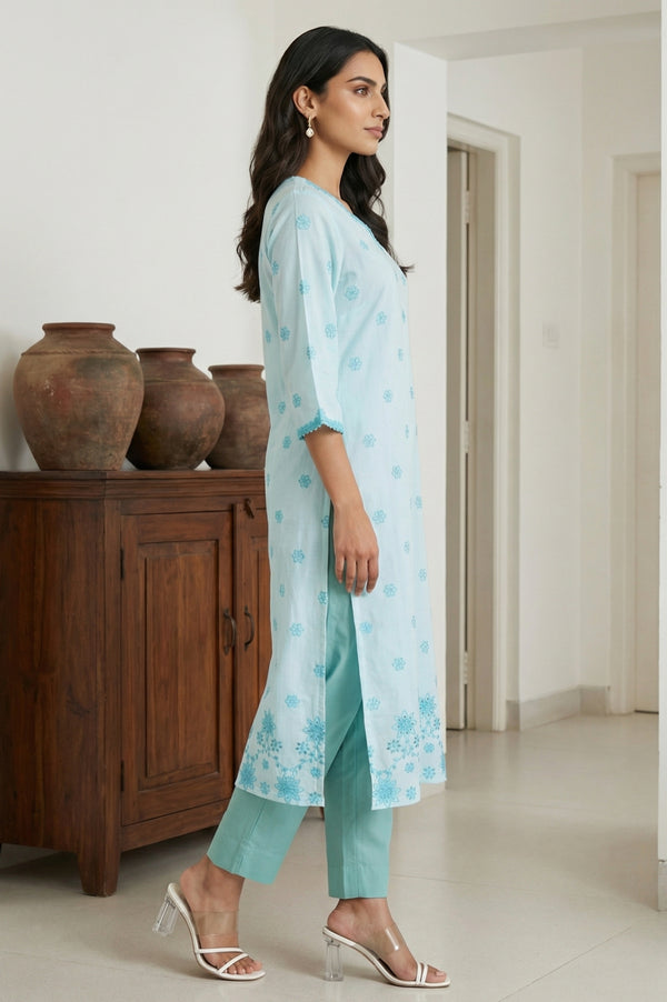 Light Blue Thread Embroidered Rayon Straight Kurta