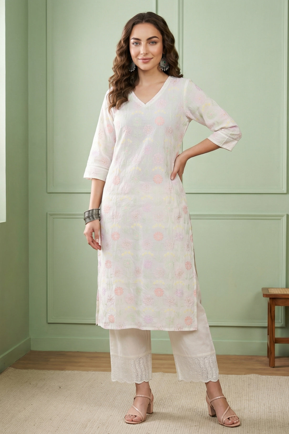 White Thread Embroidered Pure Cotton Straight Kurta