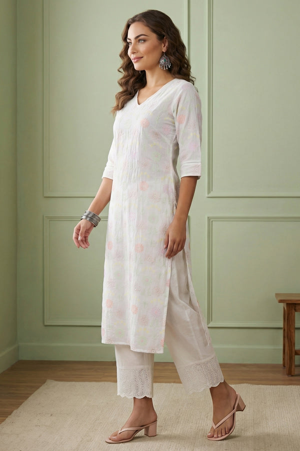 White Thread Embroidered Pure Cotton Straight Kurta