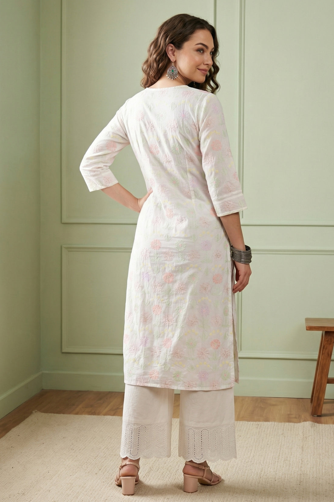 White Thread Embroidered Pure Cotton Straight Kurta