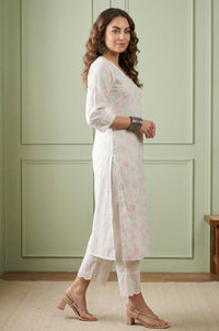 White Thread Embroidered Pure Cotton Straight Kurta