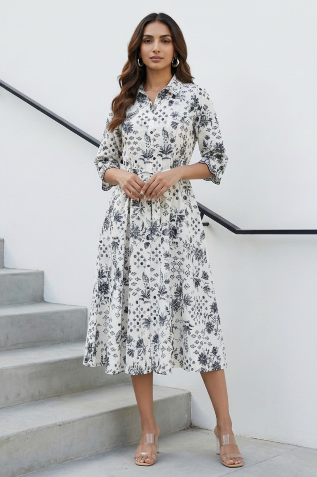 White Floral Printed Pure Cotton Flared Dress with Fabric Belt