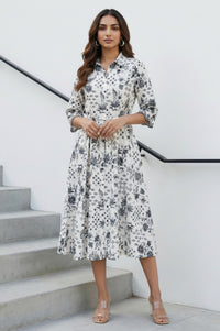 White Floral Printed Pure Cotton Flared Dress with Fabric Belt