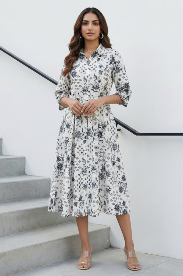 White Floral Printed Pure Cotton Flared Dress with Fabric Belt