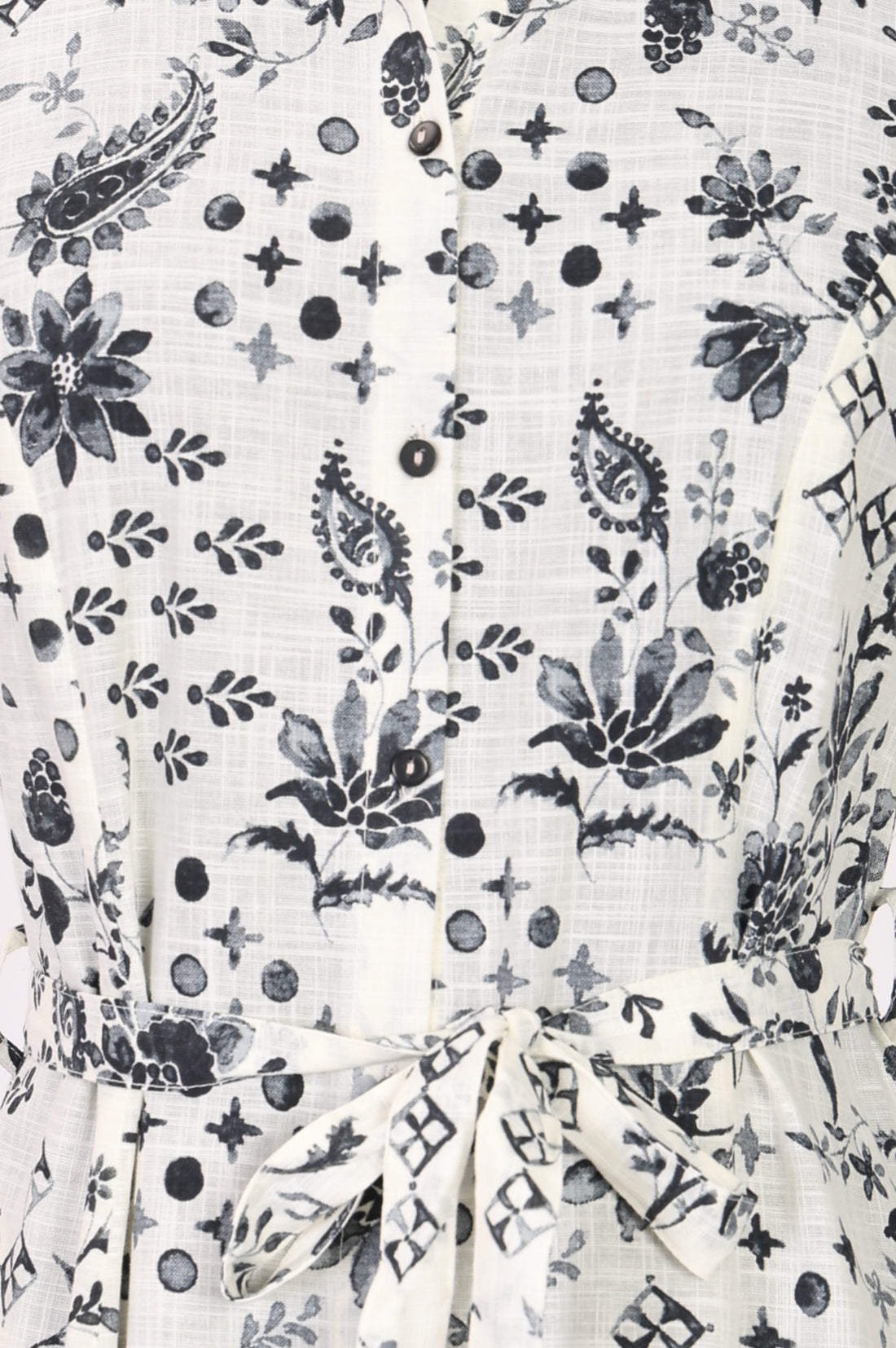 White Floral Printed Pure Cotton Flared Dress with Fabric Belt