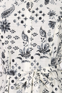White Floral Printed Pure Cotton Flared Dress with Fabric Belt