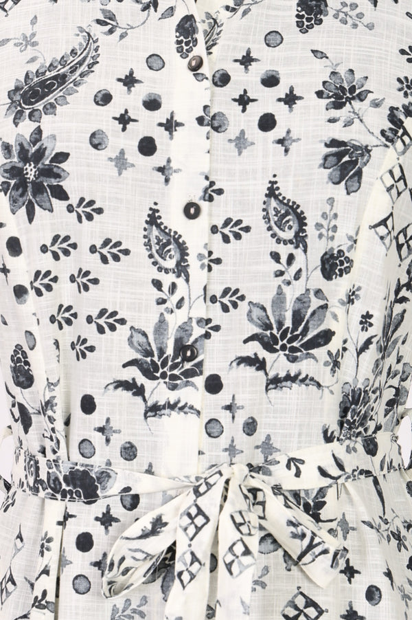 White Floral Printed Pure Cotton Flared Dress with Fabric Belt