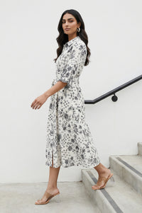 White Floral Printed Pure Cotton Flared Dress with Fabric Belt