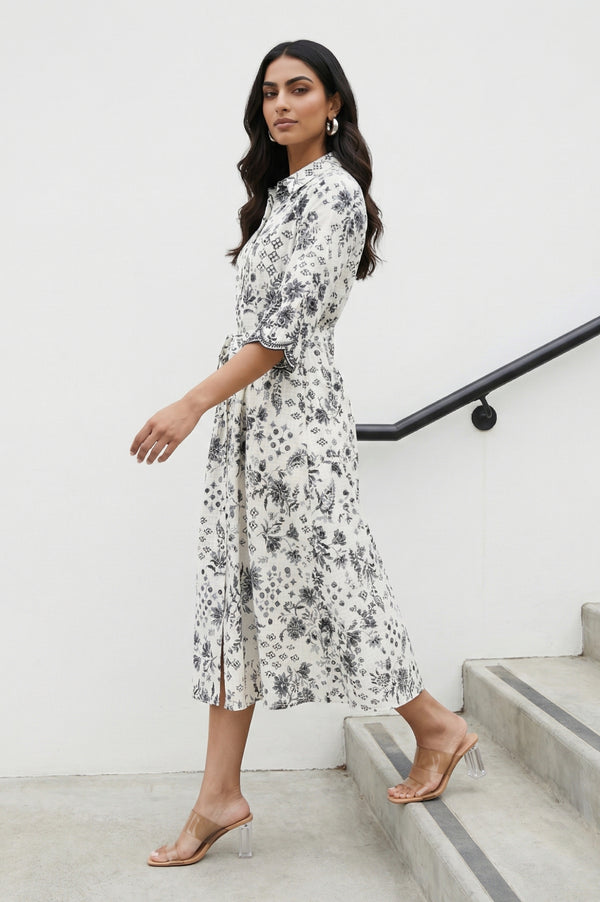 White Floral Printed Pure Cotton Flared Dress with Fabric Belt
