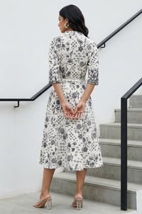 White Floral Printed Pure Cotton Flared Dress with Fabric Belt