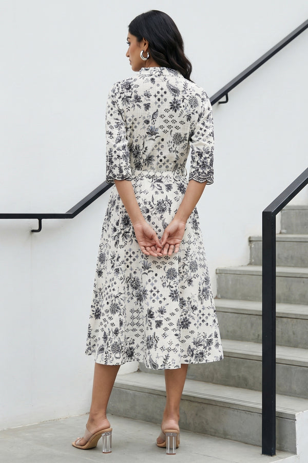 White Floral Printed Pure Cotton Flared Dress with Fabric Belt